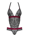 Schwarzer Spitzen-Body Rossita mit bordeauxfarbenen Samt-Details von Obsessive – Ansicht 3
