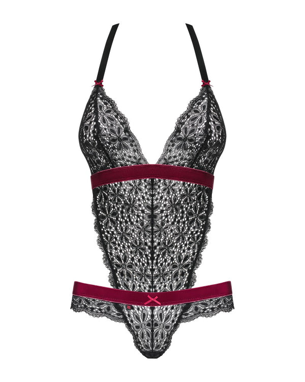 Schwarzer Spitzen-Body Rossita mit bordeauxfarbenen Samt-Details von Obsessive – Ansicht 3