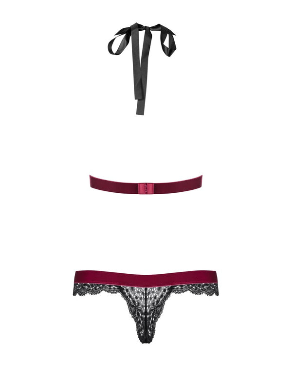 Schwarzer Spitzen-Body Rossita mit bordeauxfarbenen Samt-Details von Obsessive – Ansicht 4