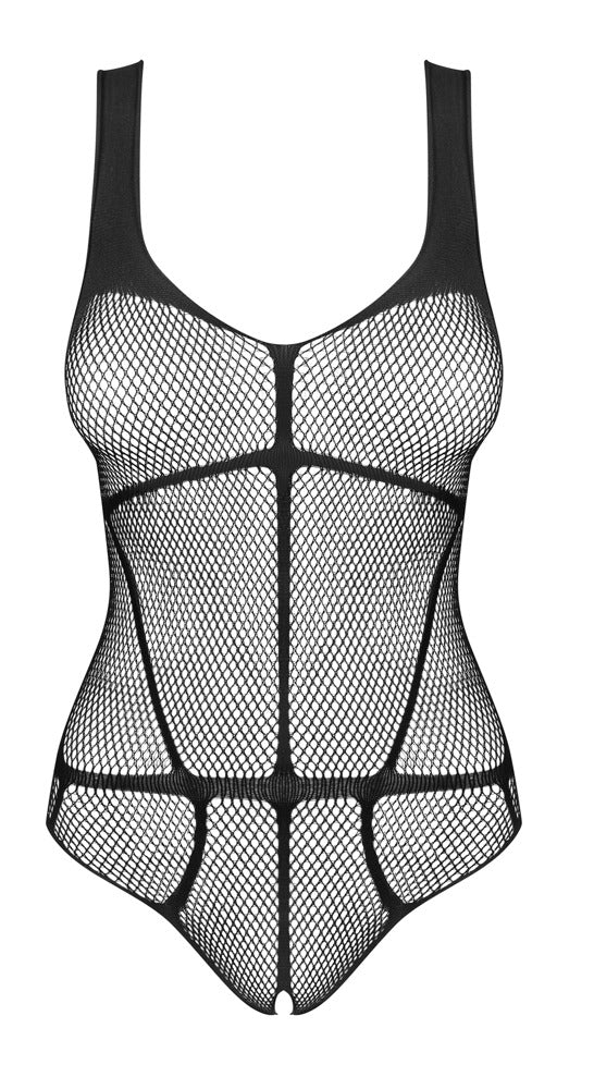 Schwarzer hochelastischer Body ouvert B336 aus Mesh in Harness-Optik von Obsessive – Ansicht 3