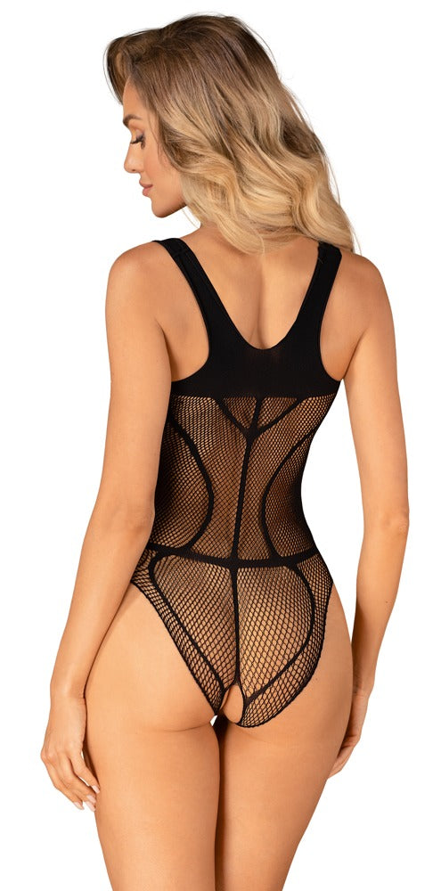 Schwarzer hochelastischer Body ouvert B336 aus Mesh in Harness-Optik von Obsessive – Ansicht 2