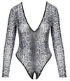 Grauer Langarm-Body ouvert in Snakeskin-Optik aus transparentem Powernet von Cottelli – Ansicht 4