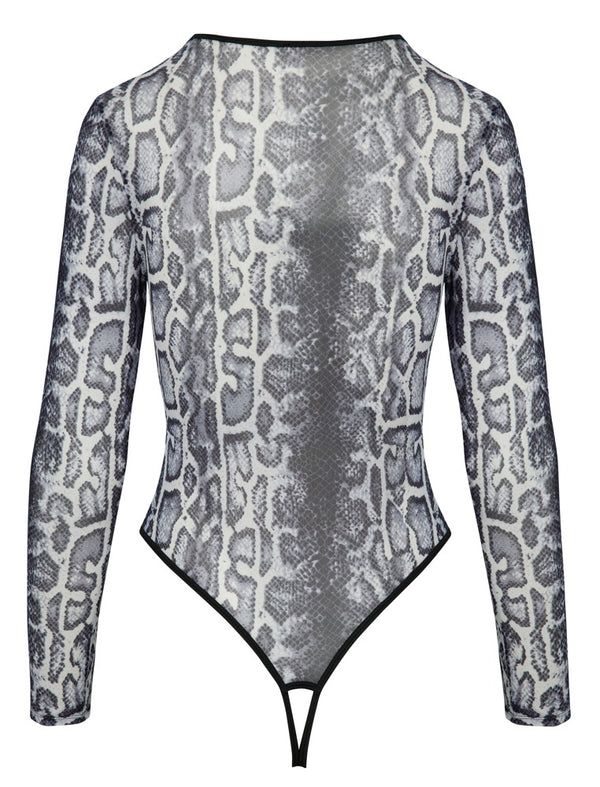 Grauer Langarm-Body ouvert in Snakeskin-Optik aus transparentem Powernet von Cottelli – Ansicht 5