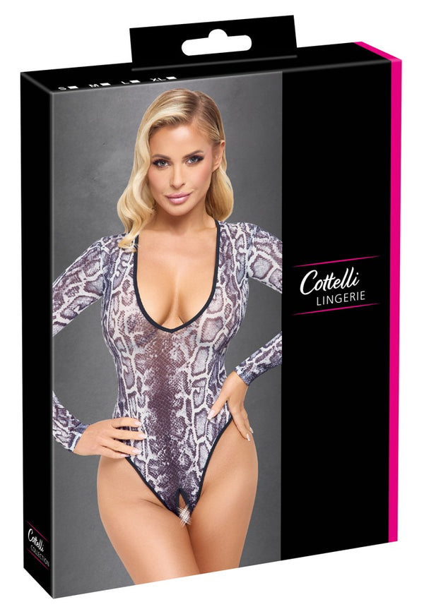 Grauer Langarm-Body ouvert in Snakeskin-Optik aus transparentem Powernet von Cottelli