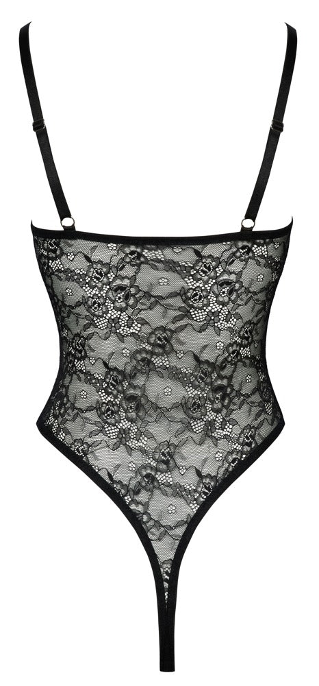 Schwarzer Riostring-Body ouvert aus Blütenspitze mit Riemchen und Ringen von Cottelli – Ansicht 8