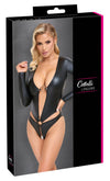 Schwarzer Langarm-Body ouvert im Mattlook mit Ringen und Raffung von Cottelli