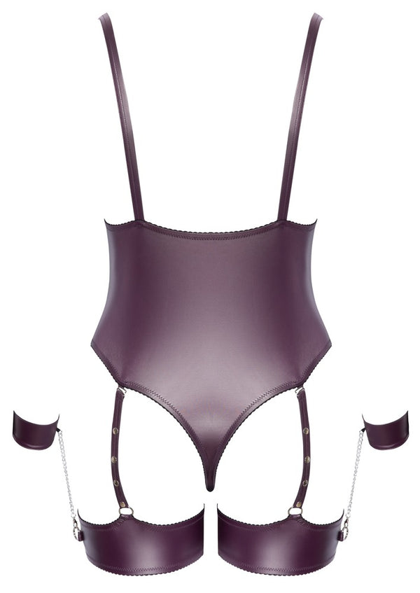 Dunkellila Stringbody im Mattlook mit abnehmbaren Bein- und Handfesseln von Cottelli BONDAGE – Ansicht 8