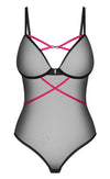 Schwarzer Stringbody Novenes aus Powernet mit pinken Riemchen von Obsessive – Ansicht 4