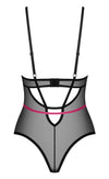 Schwarzer Stringbody Novenes aus Powernet mit pinken Riemchen von Obsessive – Ansicht 5