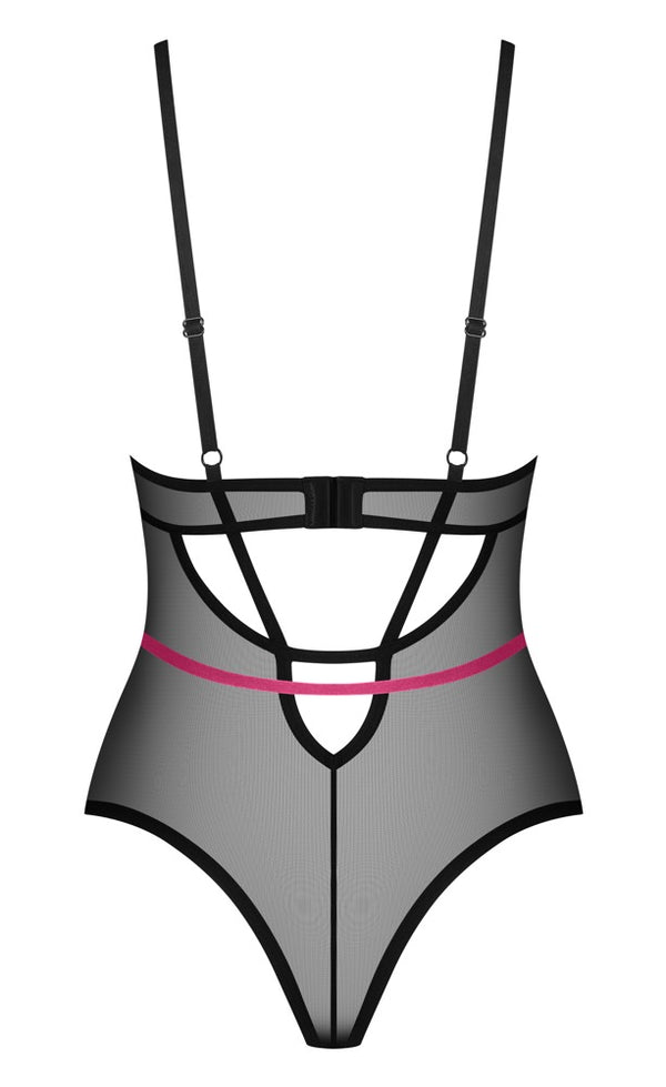 Schwarzer Stringbody Novenes aus Powernet mit pinken Riemchen von Obsessive – Ansicht 5