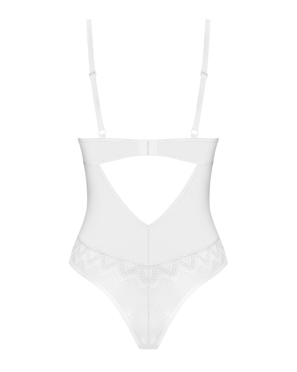 Weißer extravaganter Spitzen Body aus transparentem Tüll von Obsessive – Ansicht 6