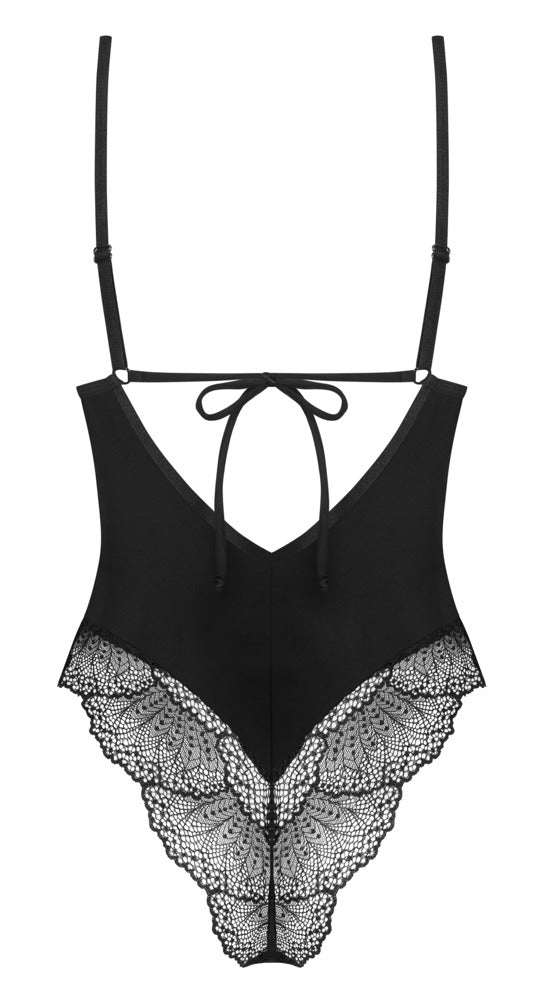 Schwarzer eleganter Spitzenbody mit seidigem Stretch und Schmuckdetail von Obsessive – Ansicht 8