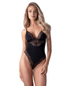 Schwarzer eleganter Spitzenbody mit seidigem Stretch und Schmuckdetail von Obsessive