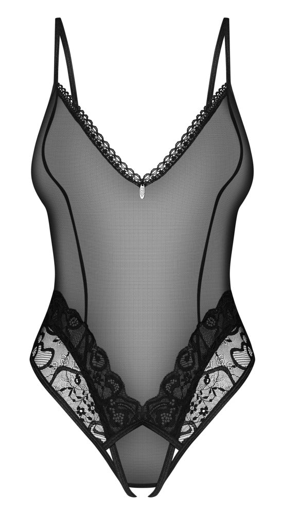 Schwarz-transparenter Ouvert-Body Blomentis aus Stretchtüll mit Spitze von Obsessive – Ansicht 7
