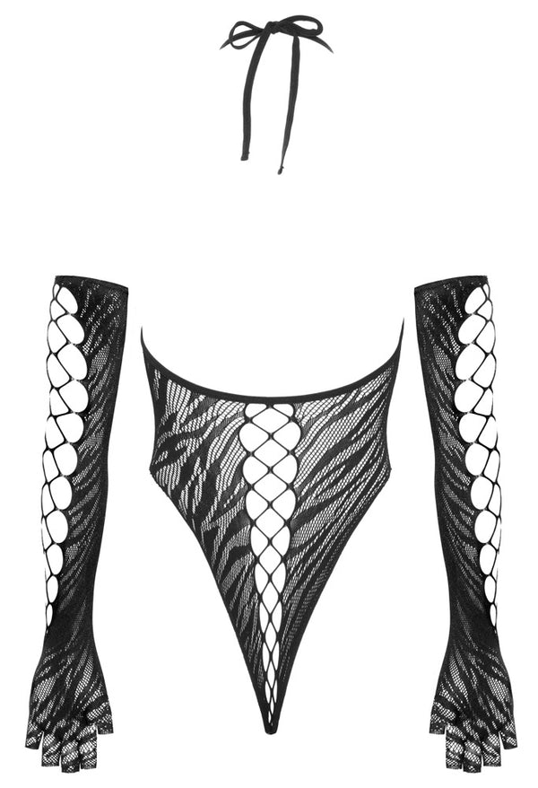 Schwarzes Transparent-Set mit Riobody und langen Handschuhen in Tigerstreifen-Optik von Fantasy by Cottelli – Ansicht 6