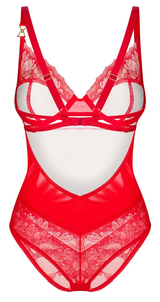 Roter Body Aliosa im Glanz-Look mit feiner Floral-Spitze von Obsessive – Ansicht 6