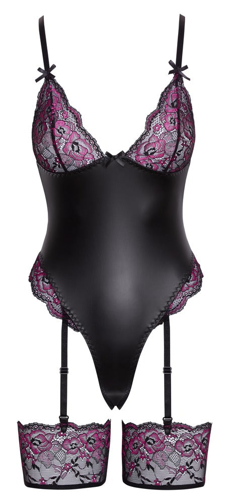 Schwarzer verführerischer Straps Body mit pinken Spitzenakzenten von Cottelli LINGERIE – Ansicht 5