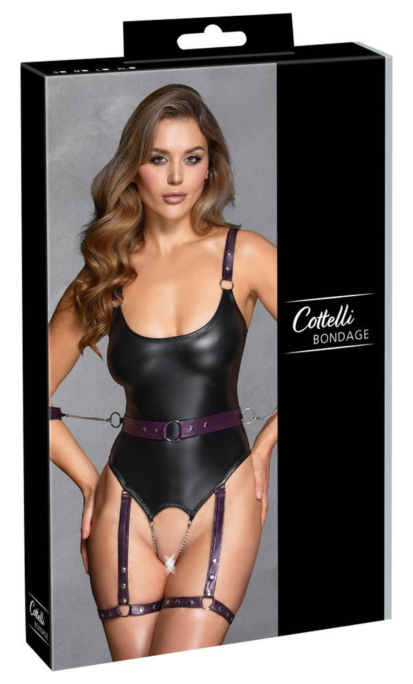 Schwarzes Set aus Straps-Body ouvert und Gürtel mit Soft-Armfesseln im Mattlook von Cottelli BONDAGE