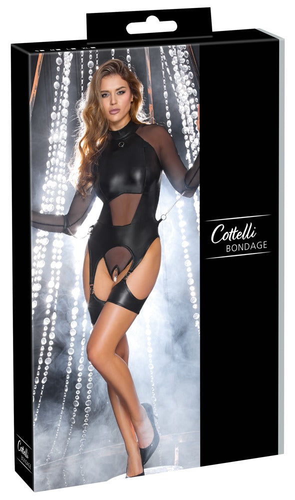 Schwarzes Set aus Straps-Body ouvert und soften Handfesseln aus Netz und Mattlook von Cottelli BONDAGE