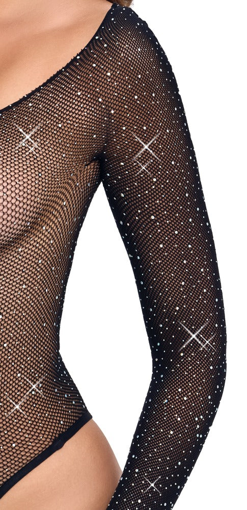 Schwarzer Langarm-Body aus Netz mit Glitzersteinen im Riostring-Style von Fantasy by Cottelli – Ansicht 4