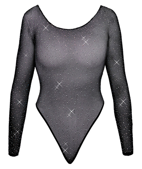 Schwarzer Langarm-Body aus Netz mit Glitzersteinen im Riostring-Style von Fantasy by Cottelli – Ansicht 5