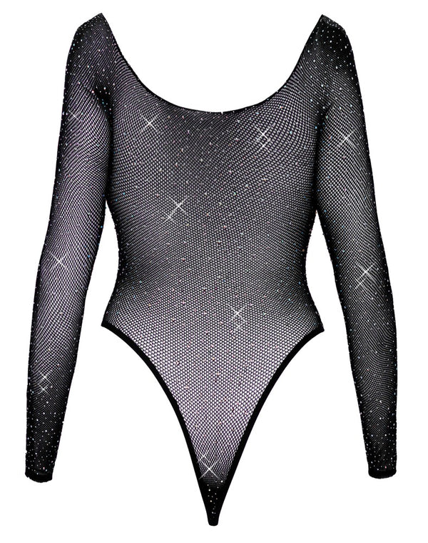 Schwarzer Langarm-Body aus Netz mit Glitzersteinen im Riostring-Style von Fantasy by Cottelli – Ansicht 6