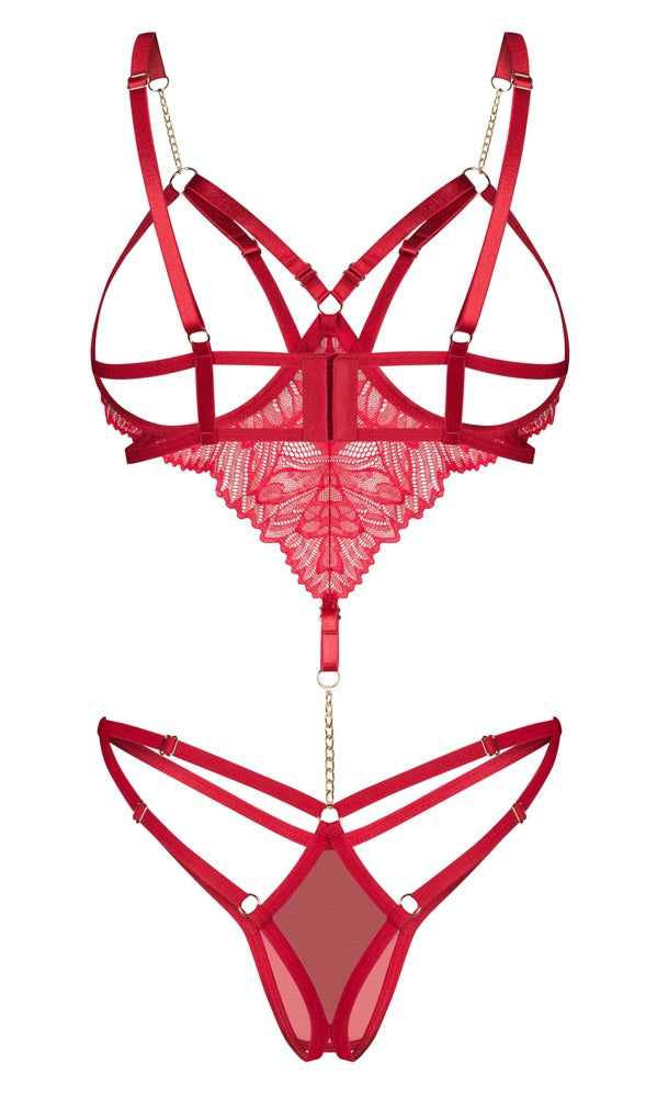 Roter Body ouvert Matildea mit Spitze und goldfarbenen Schmuckdetails von Obsessive – Ansicht 4