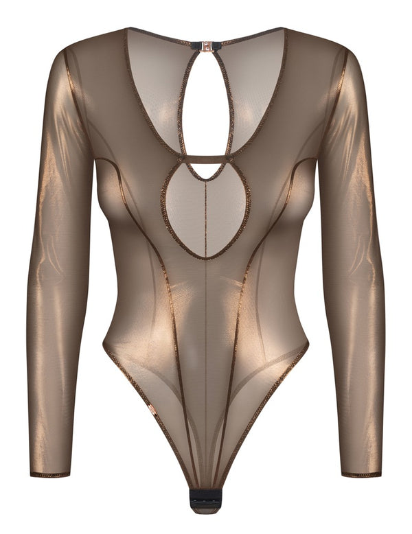 Bronzefarbener Langarm-Body Soranna im Rio-Style mit Glow-Look von Obsessive – Ansicht 3