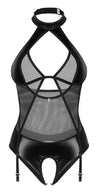 Schwarzer Straps-Body ouvert Dominna im Mix aus Netz und Wetlook von Obsessive – Ansicht 3