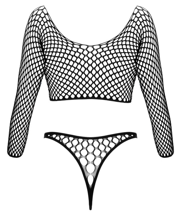 Schwarzer Netzbody mit großen Maschen in Zweiteiler-Optik mit Ringen von Fantasy by Cottelli – Ansicht 7