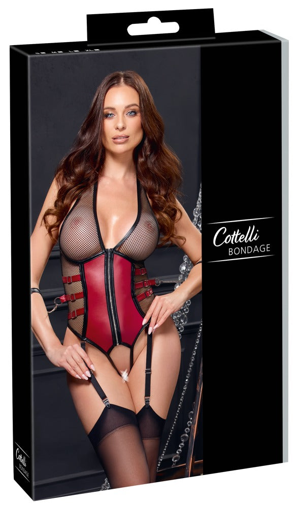 Schwarzer 2-farbiger Straps-Body ouvert mit Soft-Armfesseln aus Mattlook und Netz von Cottelli BONDAGE