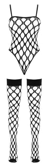 Schwarzer aufregender großmaschiger Stringbody mit halterlosen Netzstrümpfen von Fantasy by Cottelli – Ansicht 4