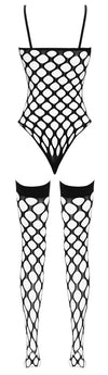 Schwarzer aufregender großmaschiger Stringbody mit halterlosen Netzstrümpfen von Fantasy by Cottelli – Ansicht 5