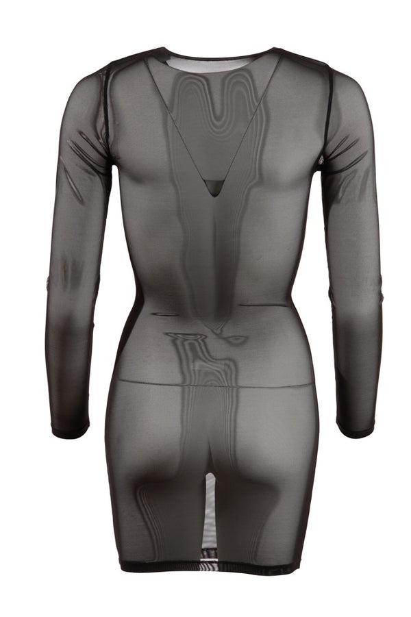 Schwarzes kurzes Langarm-Kleid aus feinem Powernet wie eine zweite Haut von Cottelli PARTY – Ansicht 6