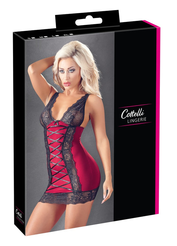 Rotes Dessouskleid mit Zierschnürung und schwarzen Spitzeneinsätzen von Cottelli