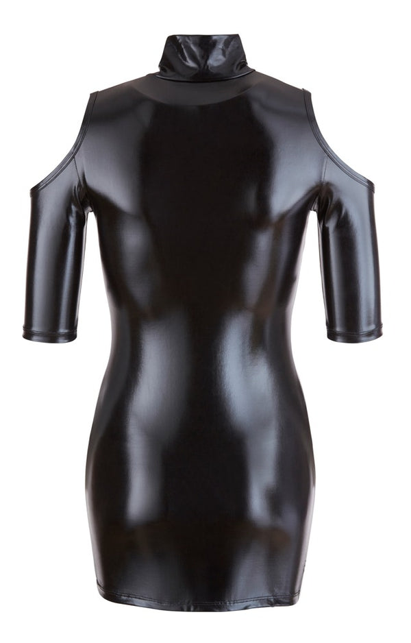 Schwarzes Wetlook-Minikleid mit Stehkragen und freien Schultern von Cottelli PARTY – Ansicht 5