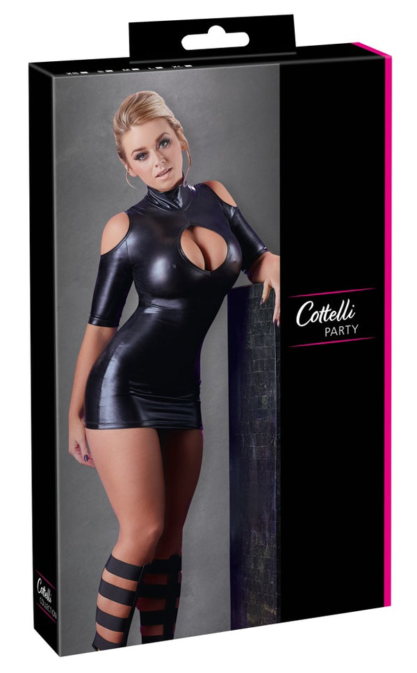 Schwarzes Wetlook-Minikleid mit Stehkragen und freien Schultern von Cottelli PARTY