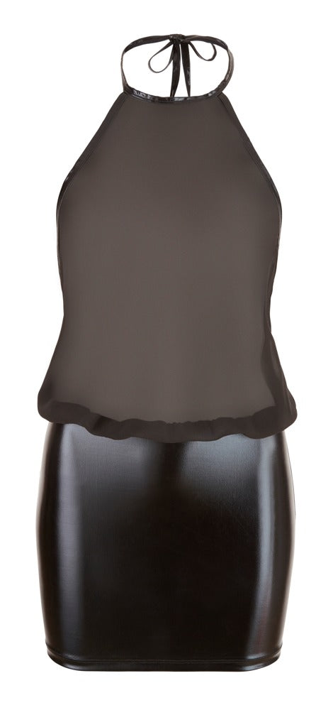 Schwarzes Minikleid aus Wetlook und Chiffon mit Neckholder und freiem Rücken von Cottelli PARTY – Ansicht 4