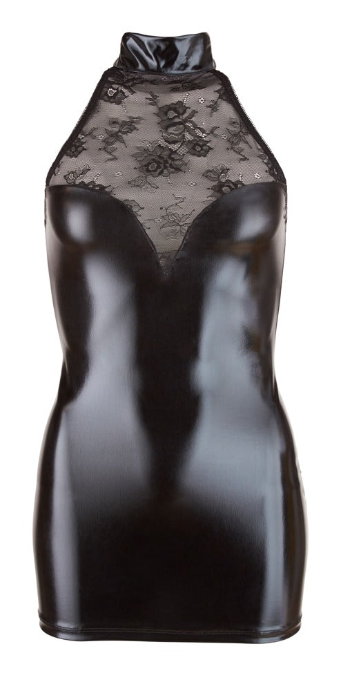 Schwarzes Wetlook-Kleid mit Spitzeneinsatz an Dekolleté und Rücken von Cottelli PARTY – Ansicht 4