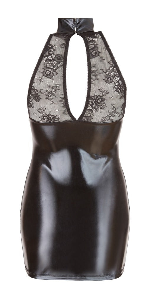 Schwarzes Wetlook-Kleid mit Spitzeneinsatz an Dekolleté und Rücken von Cottelli PARTY – Ansicht 5