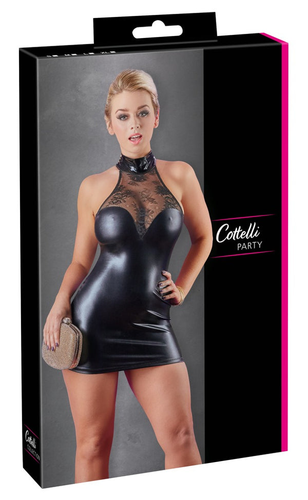 Schwarzes Wetlook-Kleid mit Spitzeneinsatz an Dekolleté und Rücken von Cottelli PARTY