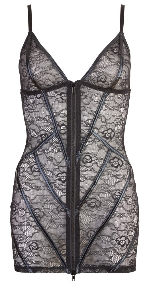 Schwarzes Kleid aus Blumenspitze mit rockigen Wetlook-Streifen von Cottelli – Ansicht 5