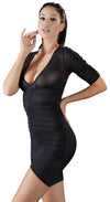 Schwarzes semi-transparentes Halbarm-Minikleid mit Raffung und V-Ausschnitt von Cottelli PARTY – Ansicht 3