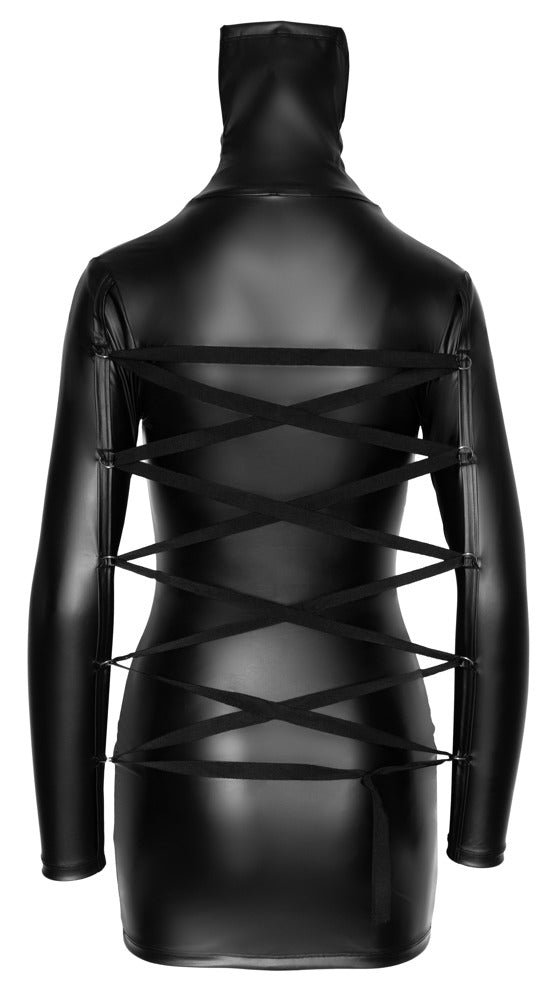 Schwarzes fesselndes Langarm-Minikleid im Mattlook mit hohem Kragen von Cottelli BONDAGE – Ansicht 8