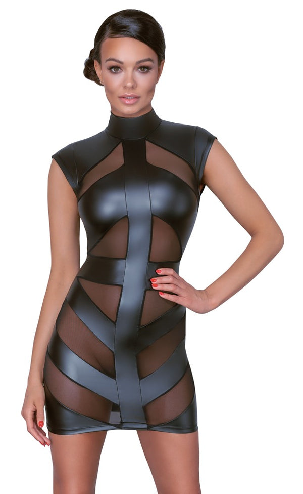 Schwarzes tailliertes Kleid im Mattlook mit Powernet-Einsätzen und Rückenausschnitt von Cottelli PARTY – Ansicht 2