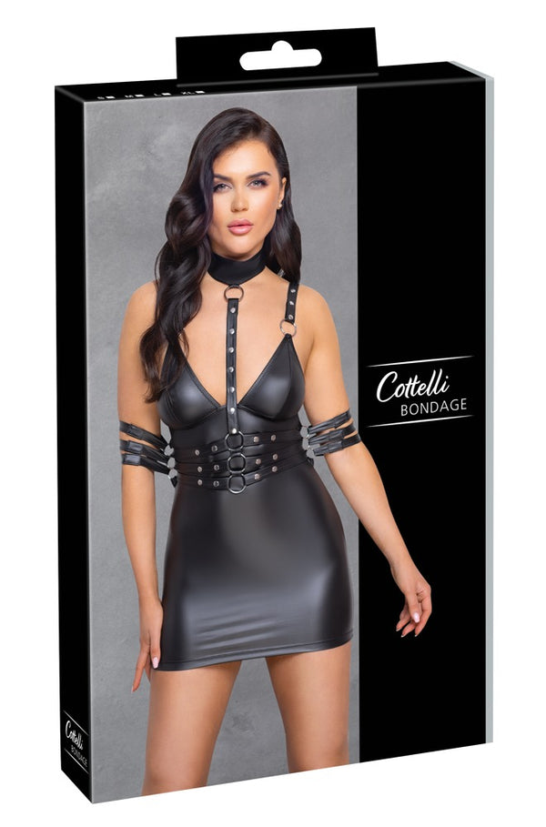 Schwarzes fesselndes Minikleid im Mattlook mit silberfarbenen Metallelementen von Cottelli BONDAGE
