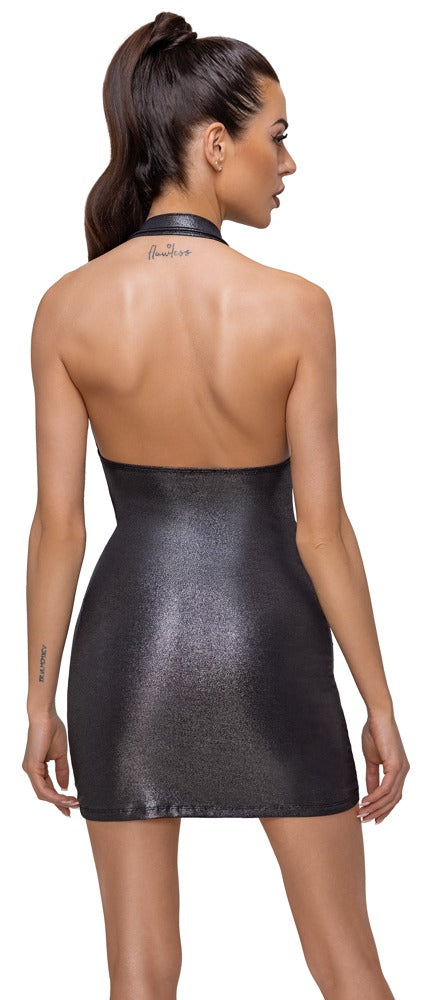 Silbernes kurzes Kleid im Silberglanz mit Wasserfall-Ausschnitt und Strassspange von Cottelli PARTY – Ansicht 5