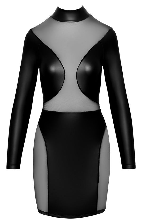 Schwarzes Langarm-Kleid im Mattlook mit transparenten Powernet-Einsätzen von Cottelli PARTY – Ansicht 6