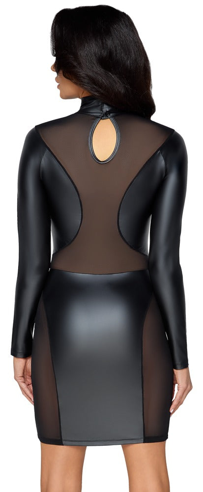 Schwarzes Langarm-Kleid im Mattlook mit transparenten Powernet-Einsätzen von Cottelli PARTY – Ansicht 5