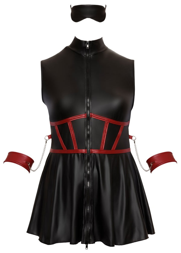 Schwarzes ärmelloses Minikleid mit Röckchen, Armfesseln und Maske in großen Größen von Cottelli BONDAGE – Ansicht 6